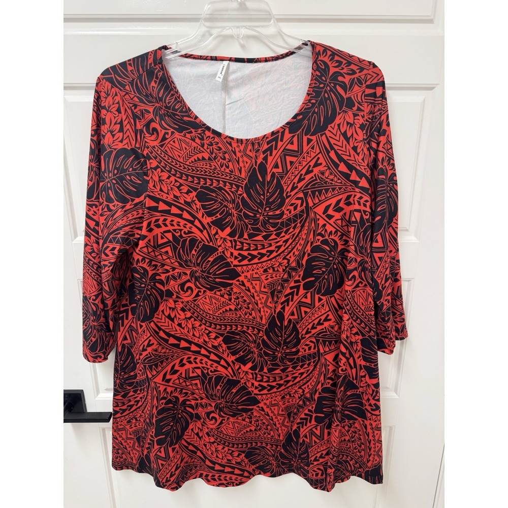 ENMAIN Top Blouse Pullover Spandex Red Black Tropical Tribal Print 2XL A2